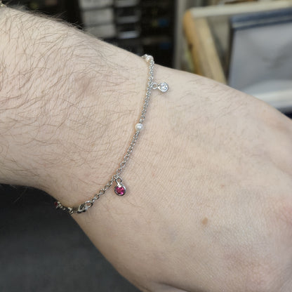 18ct White Gold Pink Tourmaline and Diamond Dropper and Pearl Chain Bracelet