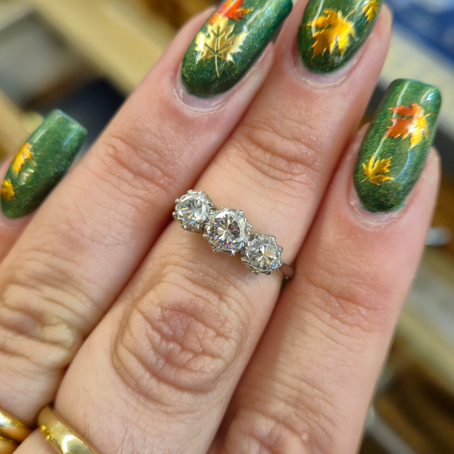 Platinum Vintage / Antique Illusion Set Round Cut Diamond Trilogy Ring