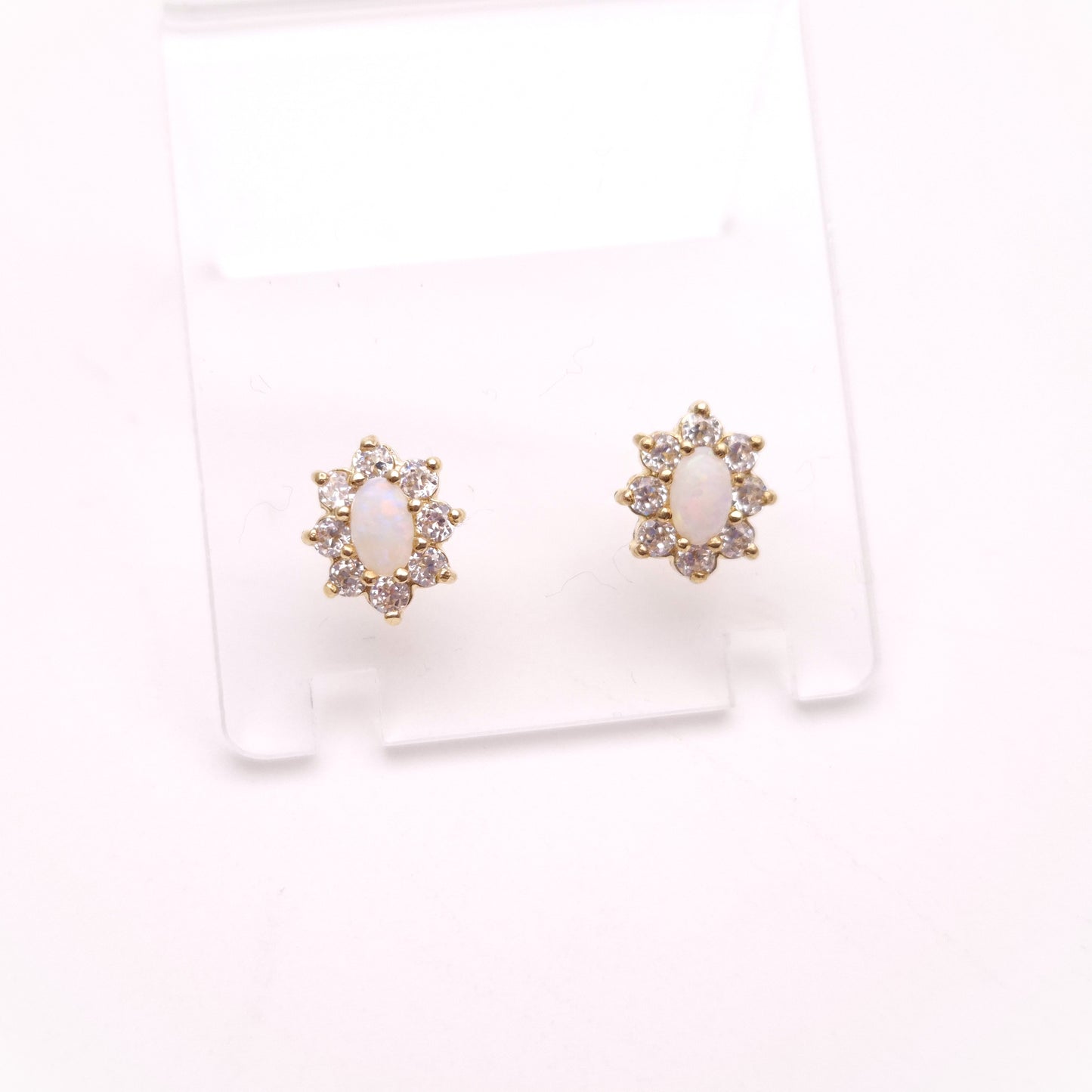 9ct Yellow Gold Oval Cabochon Opal and CZ Cubic Zirconia Cluster Stud Earrings