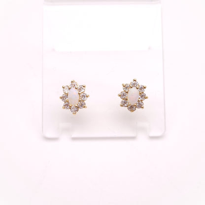9ct Yellow Gold Oval Cabochon Opal and CZ Cubic Zirconia Cluster Stud Earrings