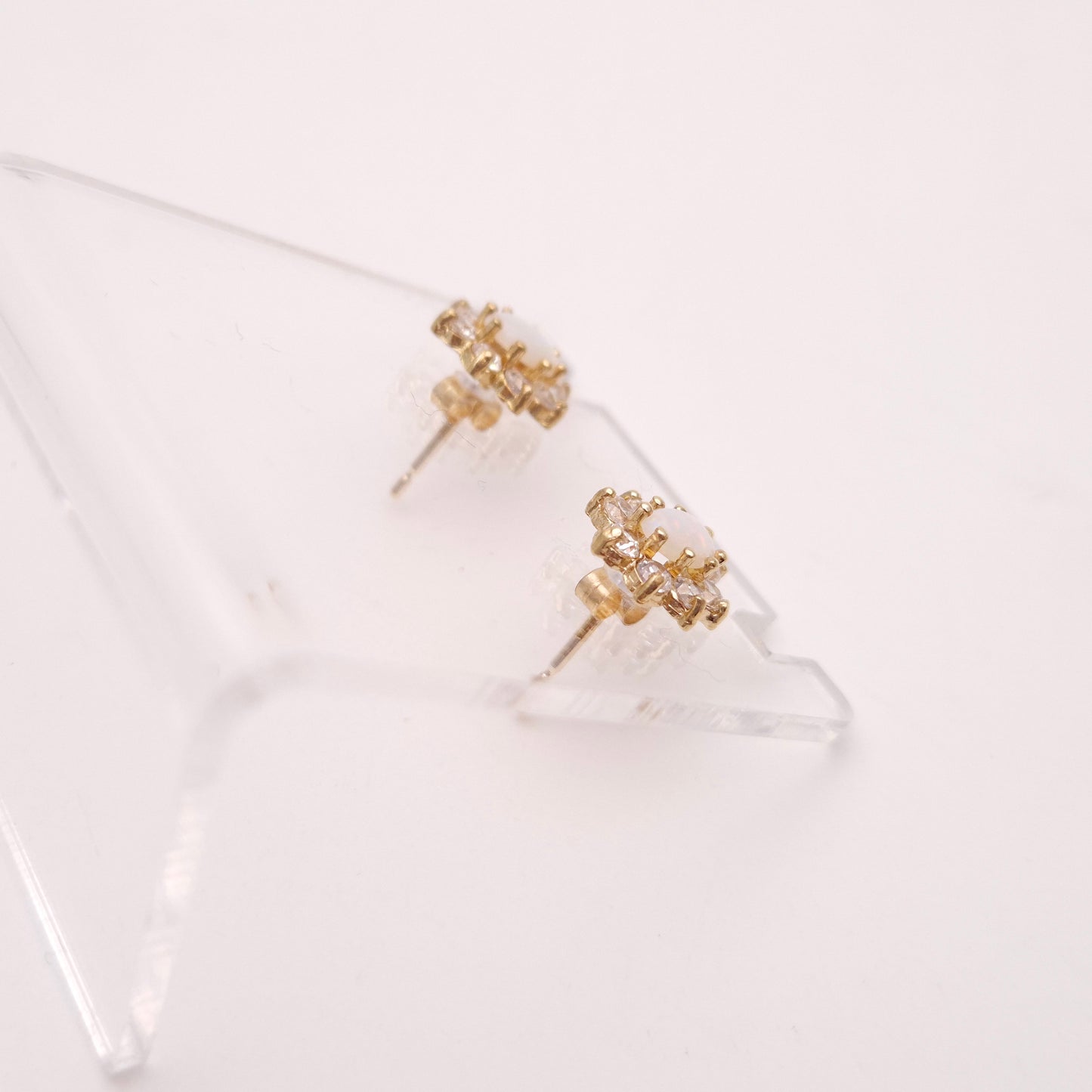 9ct Yellow Gold Oval Cabochon Opal and CZ Cubic Zirconia Cluster Stud Earrings