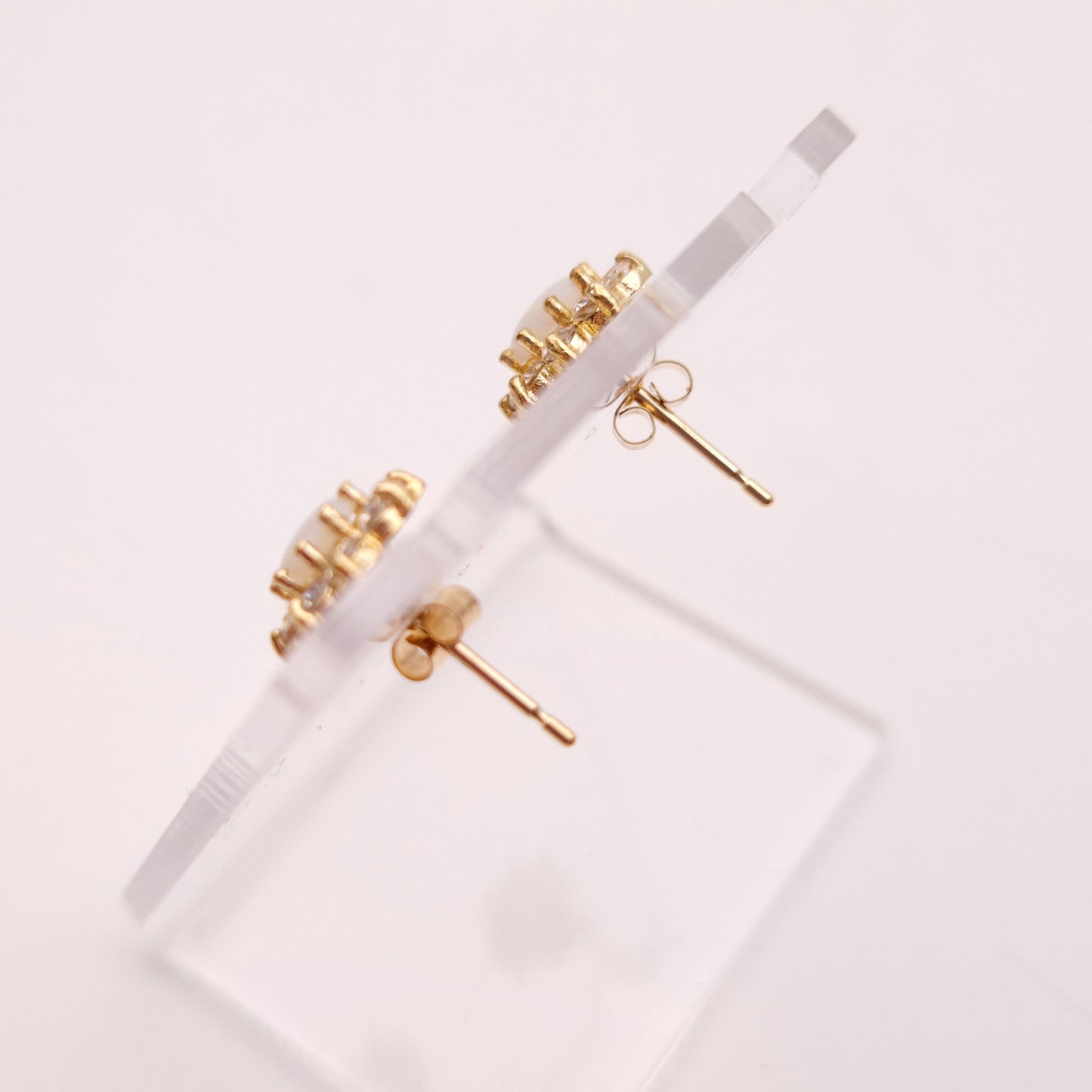 9ct Yellow Gold Oval Cabochon Opal and CZ Cubic Zirconia Cluster Stud Earrings