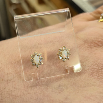 9ct Yellow Gold Oval Cabochon Opal and CZ Cubic Zirconia Cluster Stud Earrings