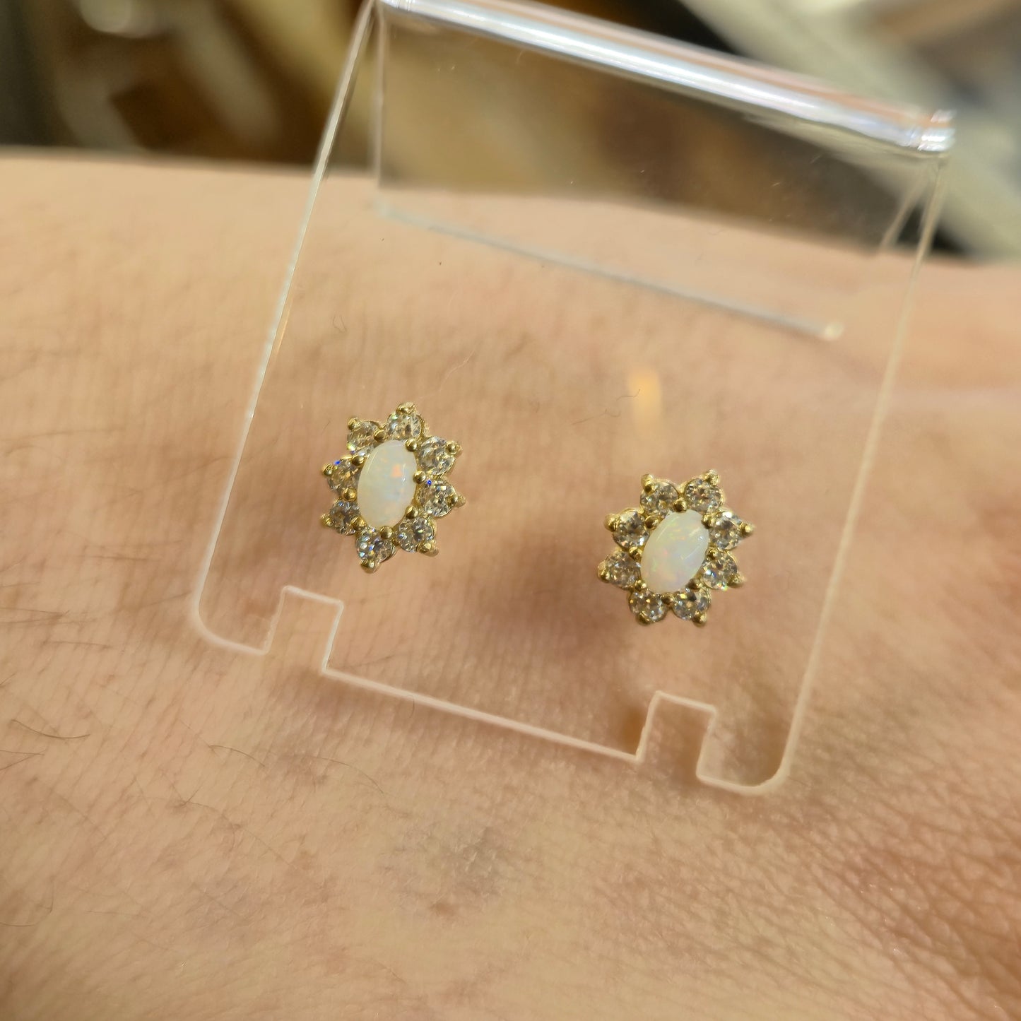 9ct Yellow Gold Oval Cabochon Opal and CZ Cubic Zirconia Cluster Stud Earrings