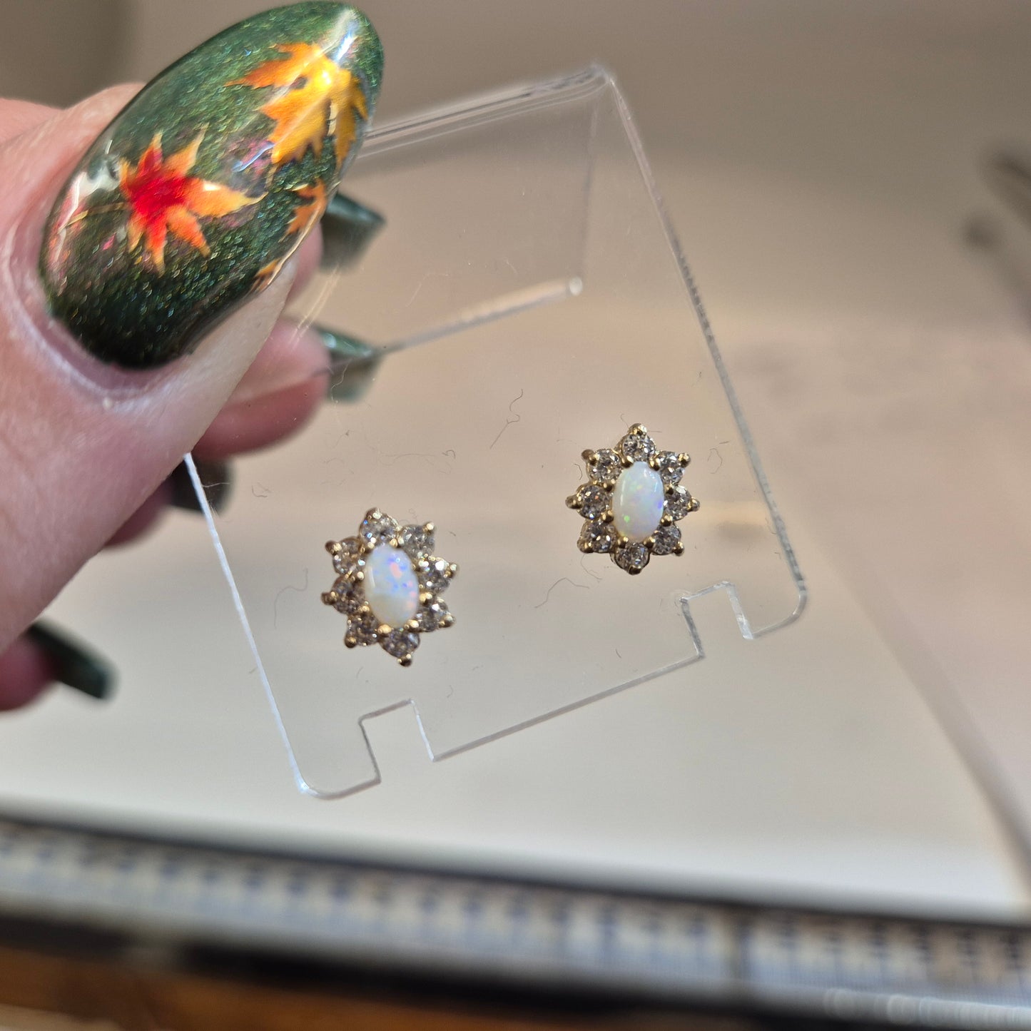 9ct Yellow Gold Oval Cabochon Opal and CZ Cubic Zirconia Cluster Stud Earrings