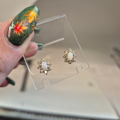 9ct Yellow Gold Oval Cabochon Opal and CZ Cubic Zirconia Cluster Stud Earrings