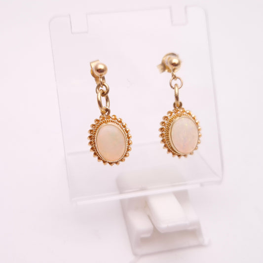 9ct Yellow Gold Oval Cabochon Opal Rope Twist Edge Drop Earrings
