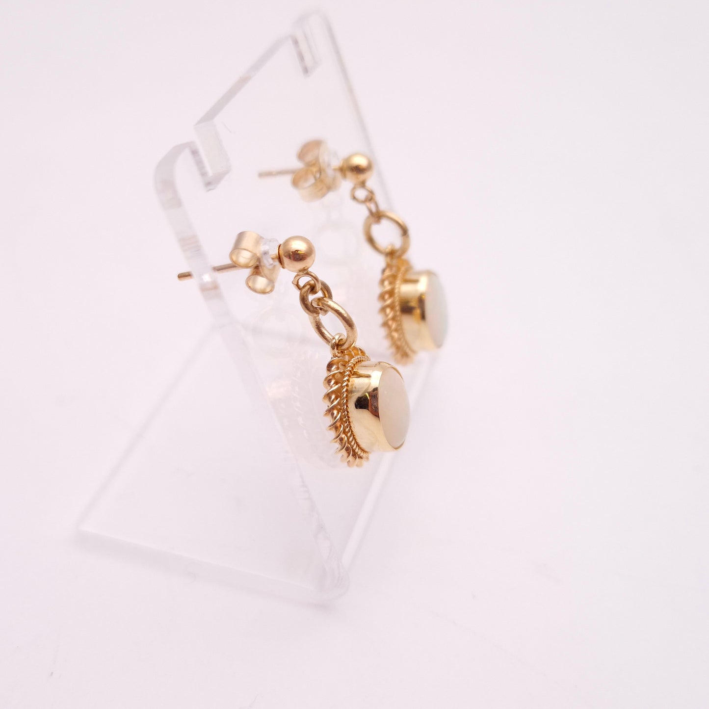 9ct Yellow Gold Oval Cabochon Opal Rope Twist Edge Drop Earrings