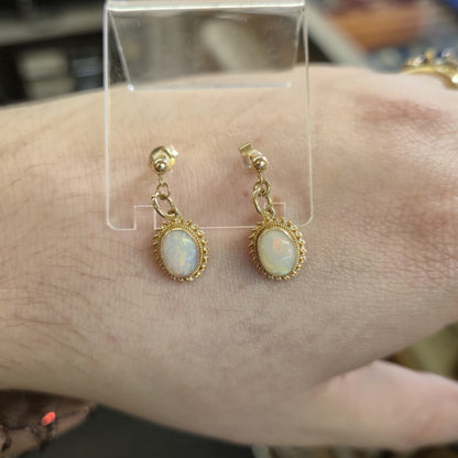 9ct Yellow Gold Oval Cabochon Opal Rope Twist Edge Drop Earrings