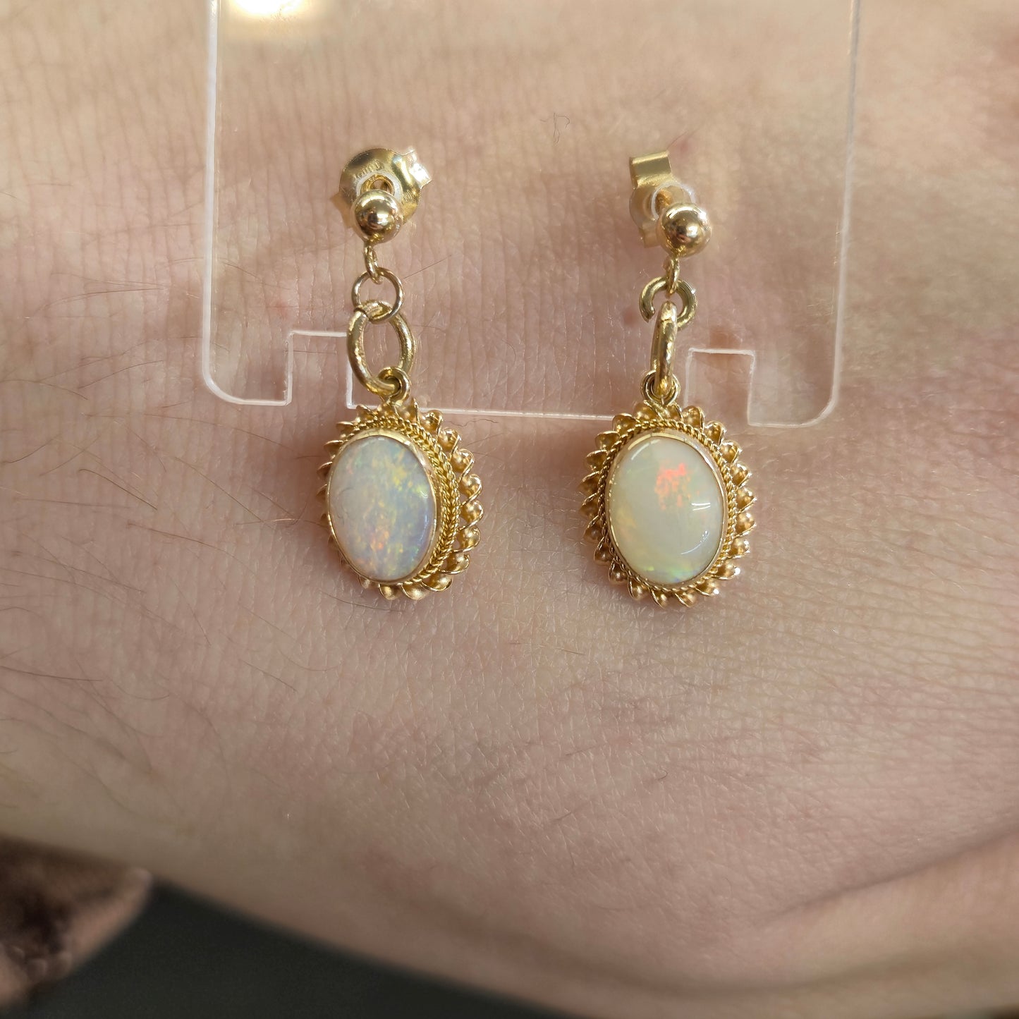 9ct Yellow Gold Oval Cabochon Opal Rope Twist Edge Drop Earrings