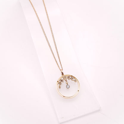 9ct Yellow Gold Antique Aquamarine and Seed Pearl Art Nouveau Openwork Necklace