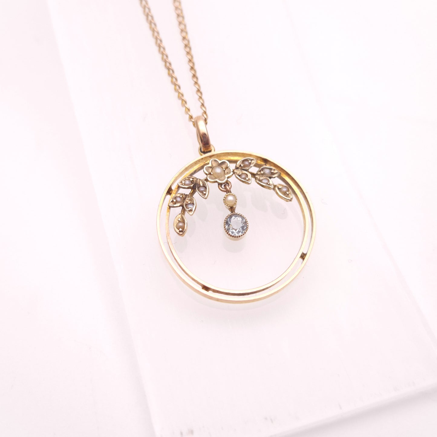 9ct Yellow Gold Antique Aquamarine and Seed Pearl Art Nouveau Openwork Necklace