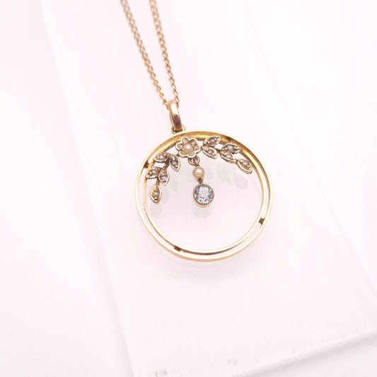 9ct Yellow Gold Antique Aquamarine and Seed Pearl Art Nouveau Openwork Necklace