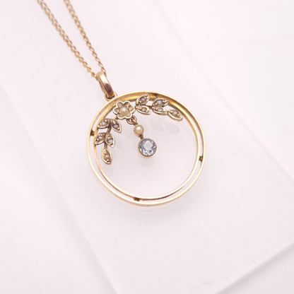 9ct Yellow Gold Antique Aquamarine and Seed Pearl Art Nouveau Openwork Necklace