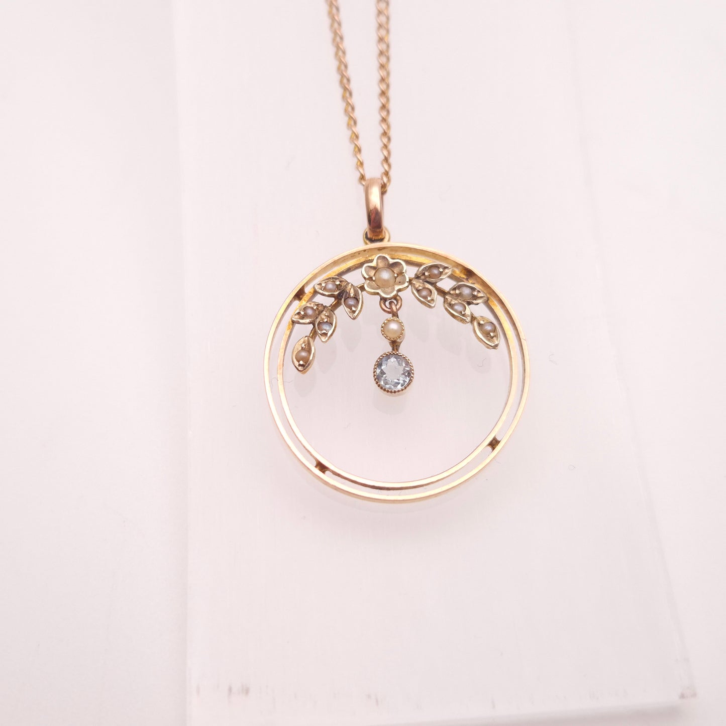 9ct Yellow Gold Antique Aquamarine and Seed Pearl Art Nouveau Openwork Necklace