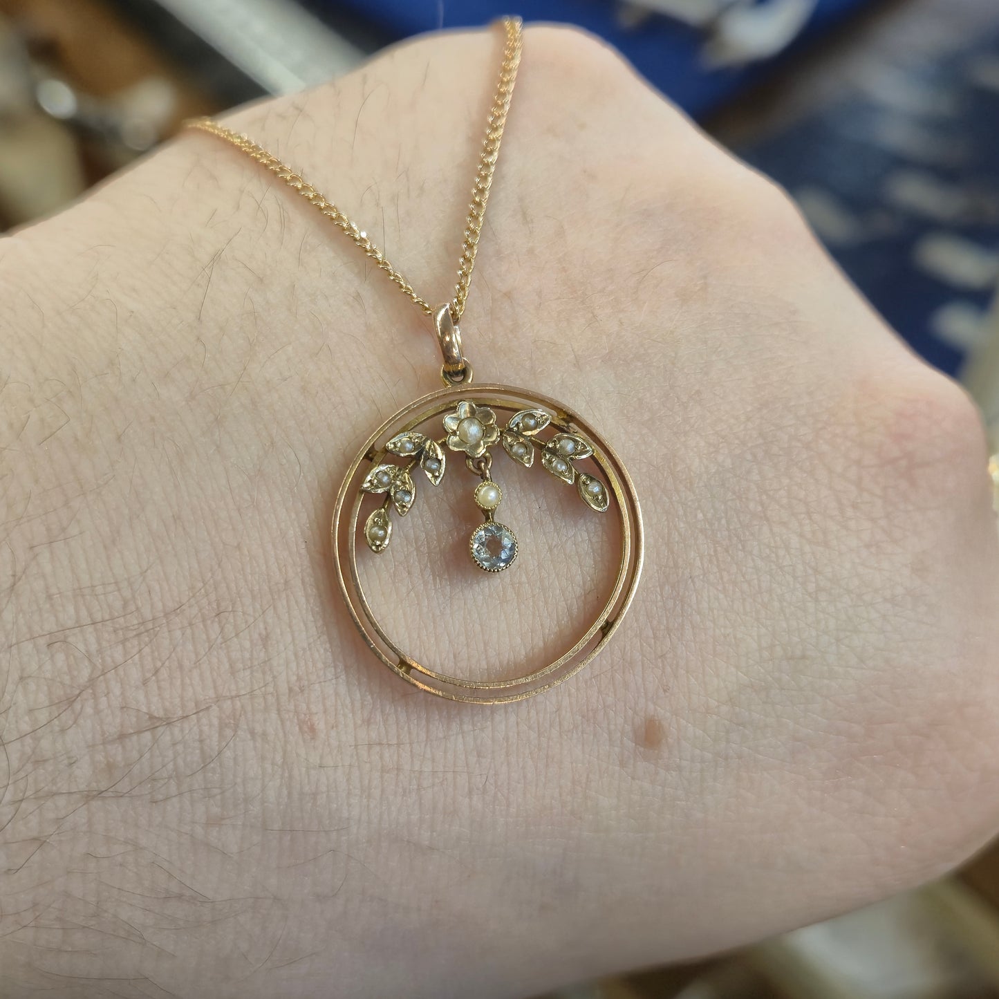 9ct Yellow Gold Antique Aquamarine and Seed Pearl Art Nouveau Openwork Necklace