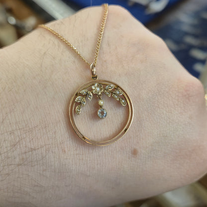 9ct Yellow Gold Antique Aquamarine and Seed Pearl Art Nouveau Openwork Necklace