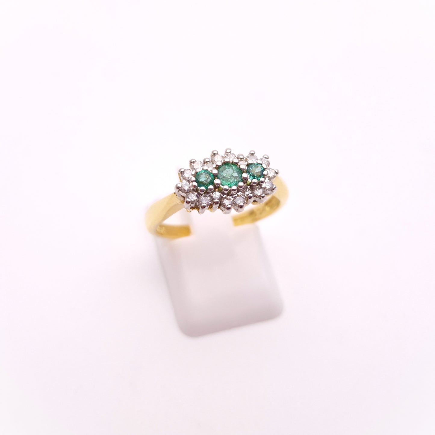 18ct Yellow Gold Three Stone Emerald and Diamond Multistone Cluster Ring