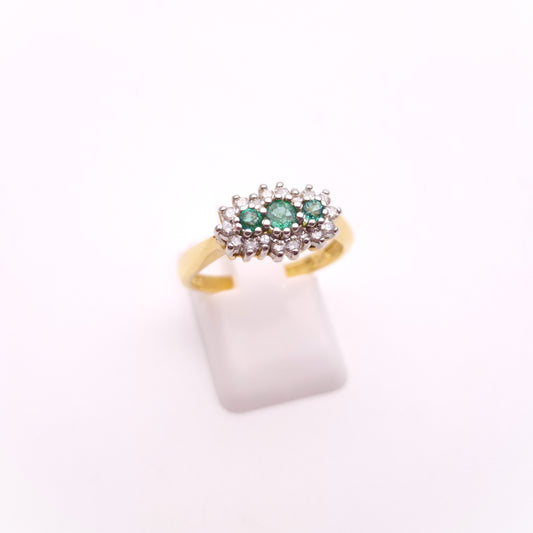 18ct Yellow Gold Three Stone Emerald and Diamond Multistone Cluster Ring