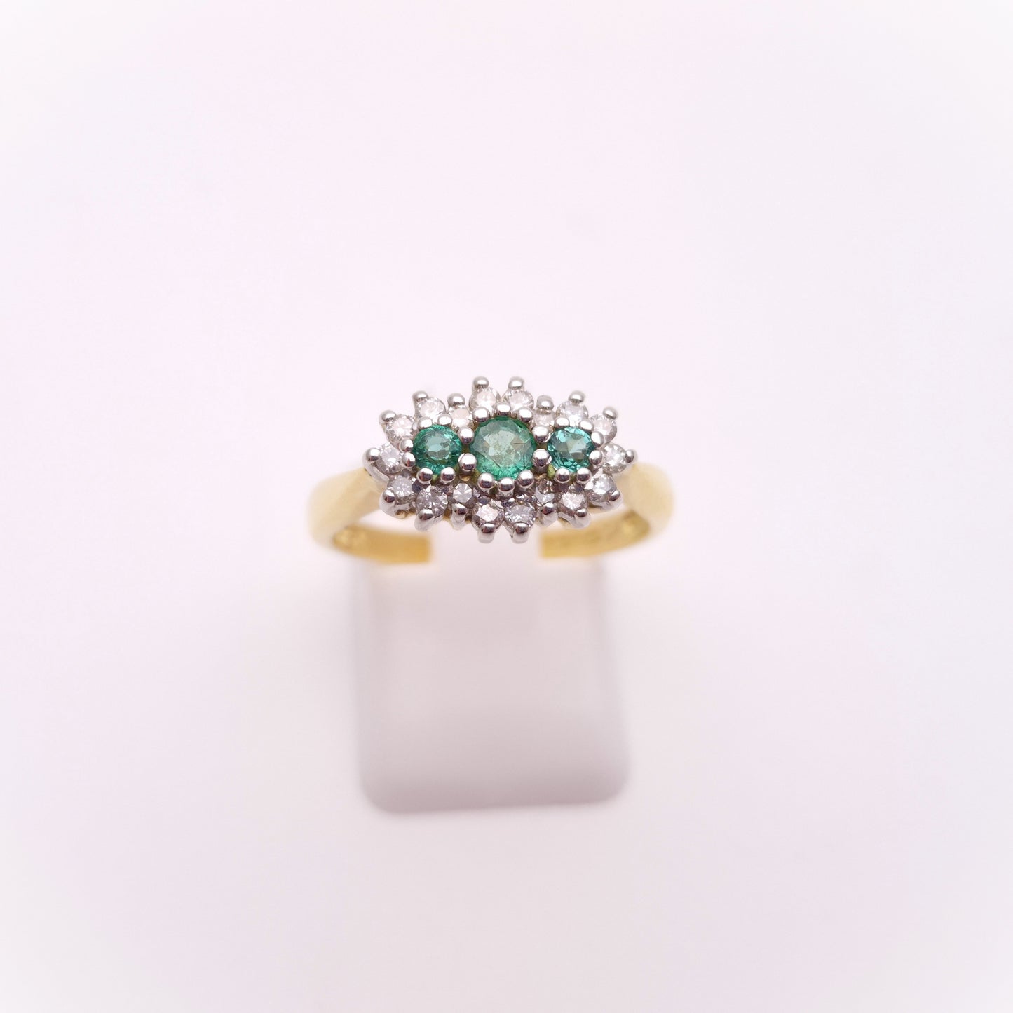 18ct Yellow Gold Three Stone Emerald and Diamond Multistone Cluster Ring