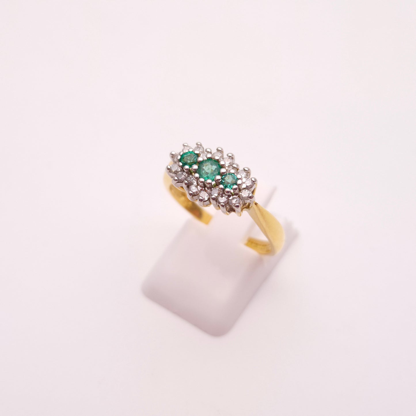 18ct Yellow Gold Three Stone Emerald and Diamond Multistone Cluster Ring