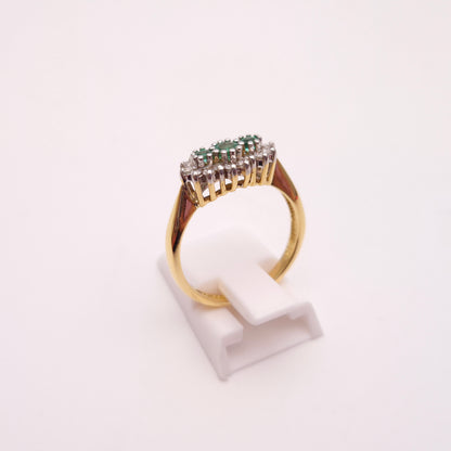 18ct Yellow Gold Three Stone Emerald and Diamond Multistone Cluster Ring