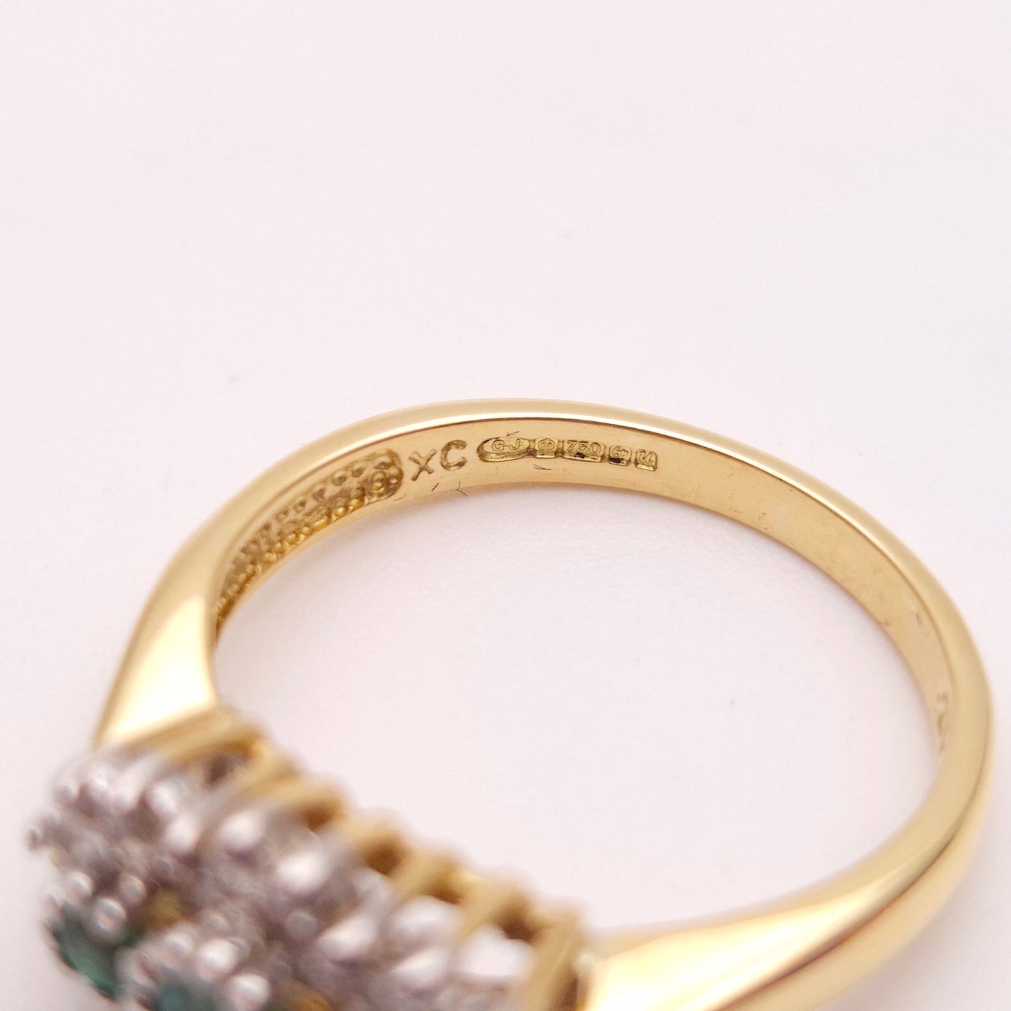 18ct Yellow Gold Three Stone Emerald and Diamond Multistone Cluster Ring