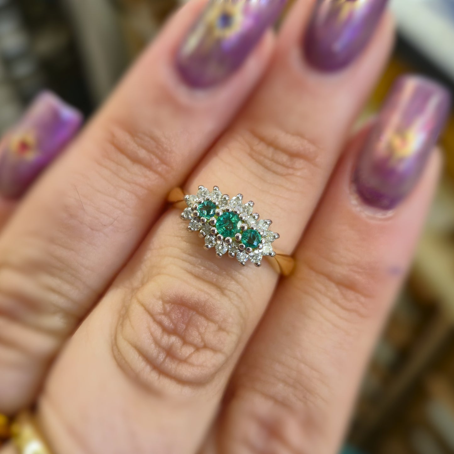 18ct Yellow Gold Three Stone Emerald and Diamond Multistone Cluster Ring