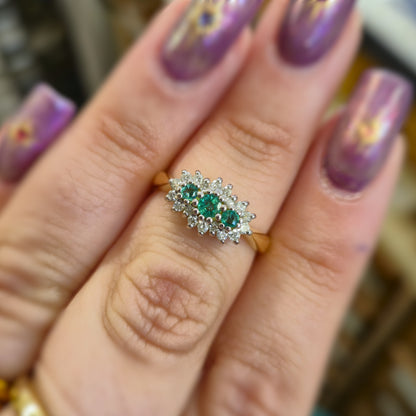 18ct Yellow Gold Three Stone Emerald and Diamond Multistone Cluster Ring
