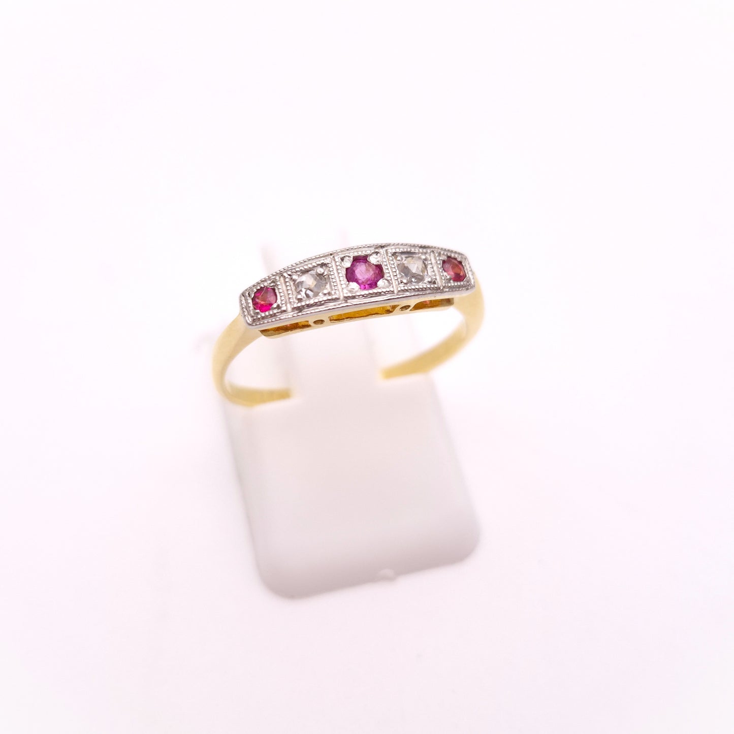18ct Yellow Gold Antique Ruby and Diamond Five Stone Row Ring