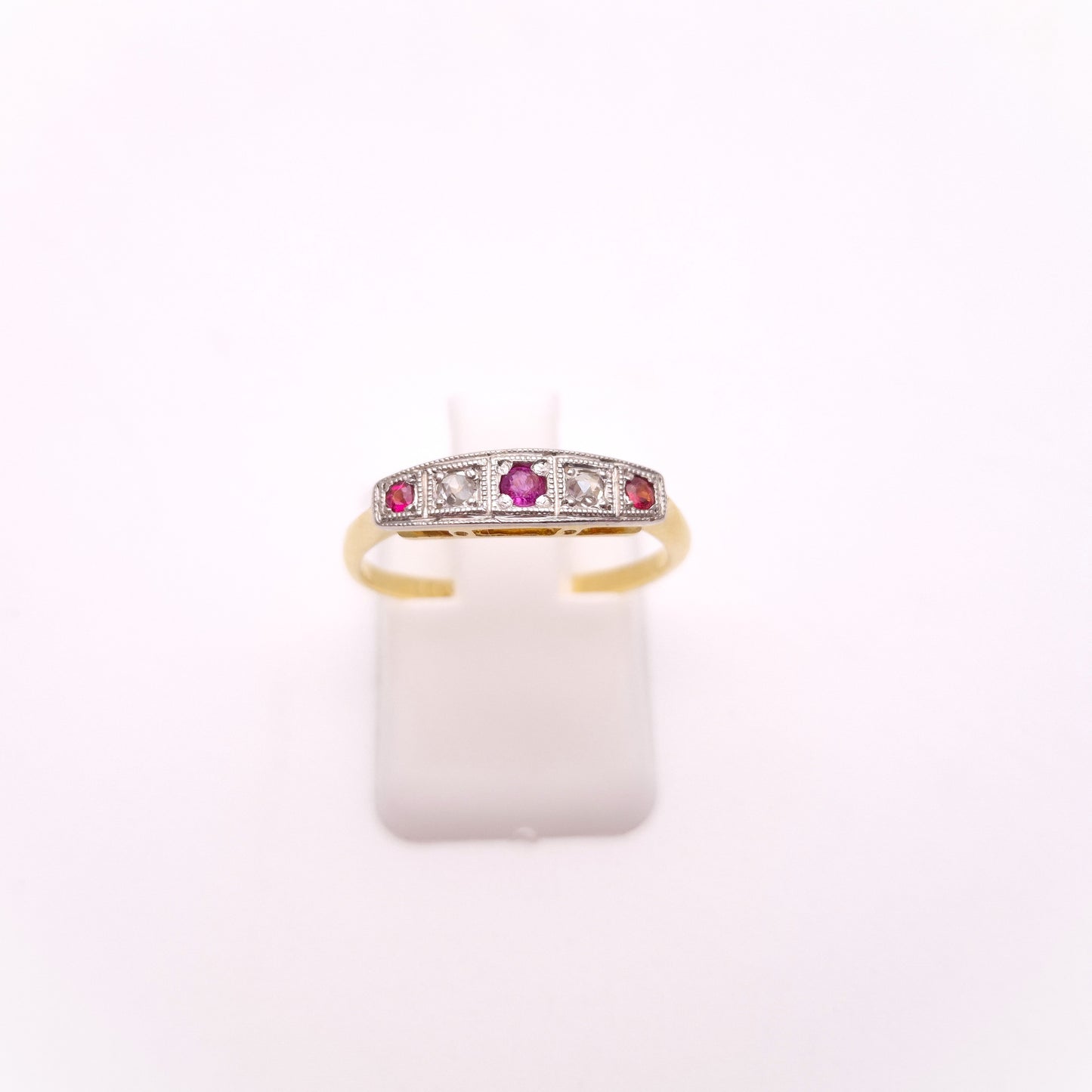 18ct Yellow Gold Antique Ruby and Diamond Five Stone Row Ring