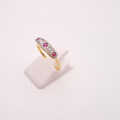 18ct Yellow Gold Antique Ruby and Diamond Five Stone Row Ring