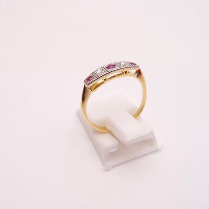 18ct Yellow Gold Antique Ruby and Diamond Five Stone Row Ring