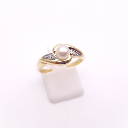 9ct Yellow gold White Pearl and Diamond Set Shoulders Swirl Ring