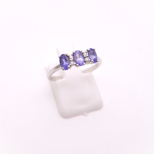 14ct White Gold Three Stone Oval Cut Tanzanite and Diamond Row Ring