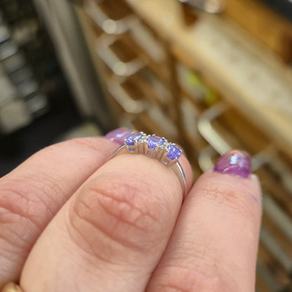 14ct White Gold Three Stone Oval Cut Tanzanite and Diamond Row Ring