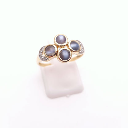 9ct Yellow Gold Smoky Blue Cabochon Cats-eye Chrysoberyl and Diamond Ring