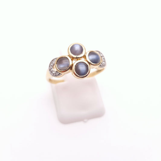 9ct Yellow Gold Smoky Blue Cabochon Cats-eye Chrysoberyl and Diamond Ring