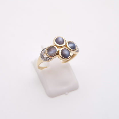 9ct Yellow Gold Smoky Blue Cabochon Cats-eye Chrysoberyl and Diamond Ring