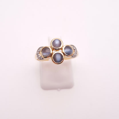 9ct Yellow Gold Smoky Blue Cabochon Cats-eye Chrysoberyl and Diamond Ring