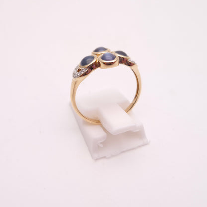 9ct Yellow Gold Smoky Blue Cabochon Cats-eye Chrysoberyl and Diamond Ring