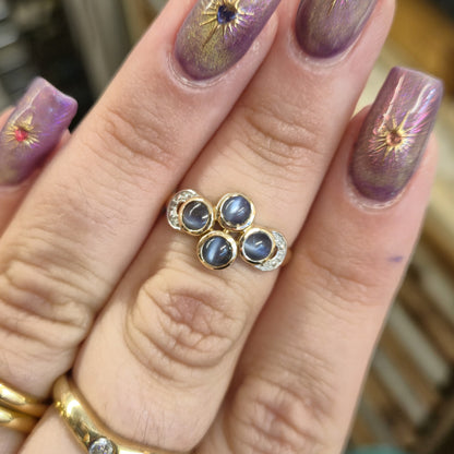 9ct Yellow Gold Smoky Blue Cabochon Cats-eye Chrysoberyl and Diamond Ring