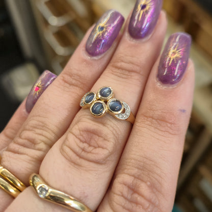 9ct Yellow Gold Smoky Blue Cabochon Cats-eye Chrysoberyl and Diamond Ring