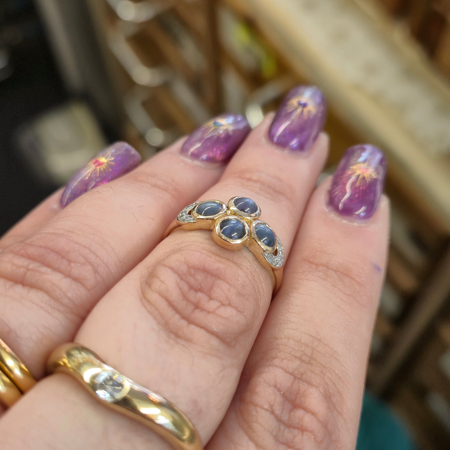 9ct Yellow Gold Smoky Blue Cabochon Cats-eye Chrysoberyl and Diamond Ring