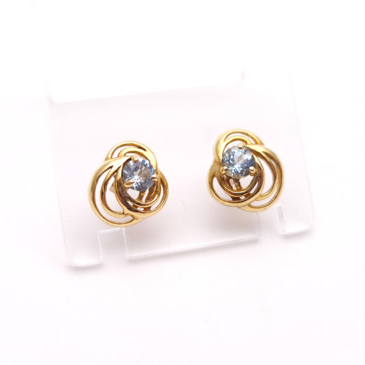 9ct Yellow Gold Open Work Swirly Blue Topaz Stud Earrings