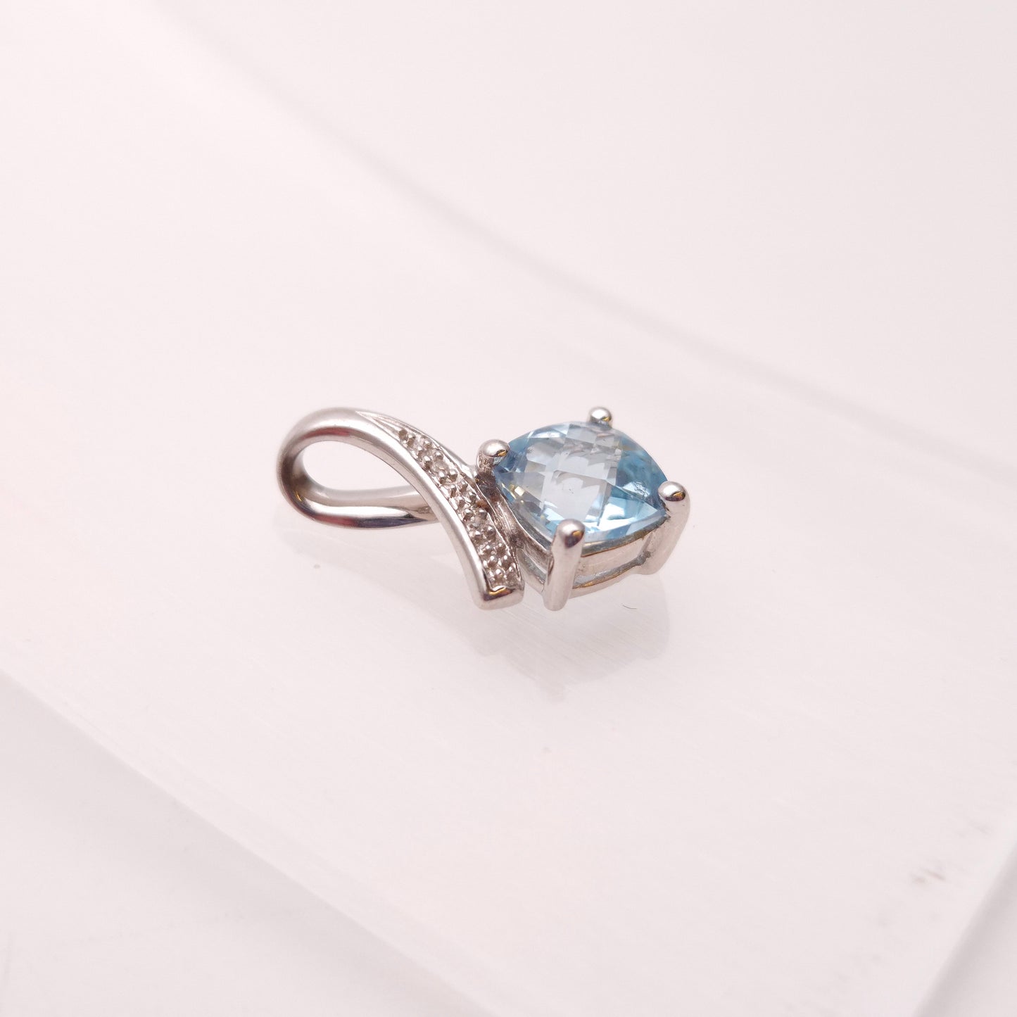 9ct White Gold Chequerboard Cut Blue Topaz and Diamond Pendant