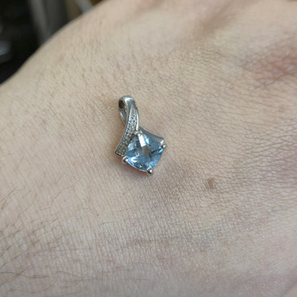 9ct White Gold Chequerboard Cut Blue Topaz and Diamond Pendant