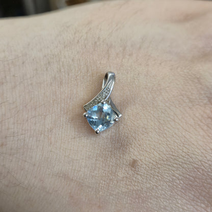 9ct White Gold Chequerboard Cut Blue Topaz and Diamond Pendant