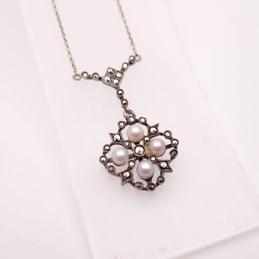 Sterling Silver Vintage Marcasite and Pearl Y-Drop Chain Necklace