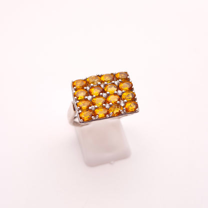 Sterling Silver Large Multi-Gem Rectangular Citrine and White Stone Cluster Ring